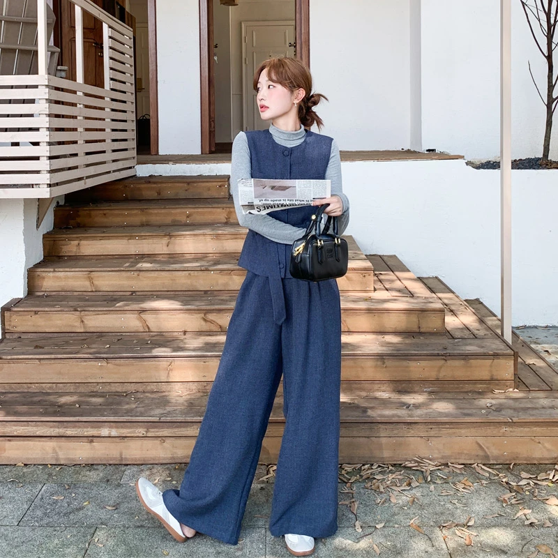 韩系老钱风马甲内搭阔腿裤套装2025春秋新款小众ins风时尚三件套