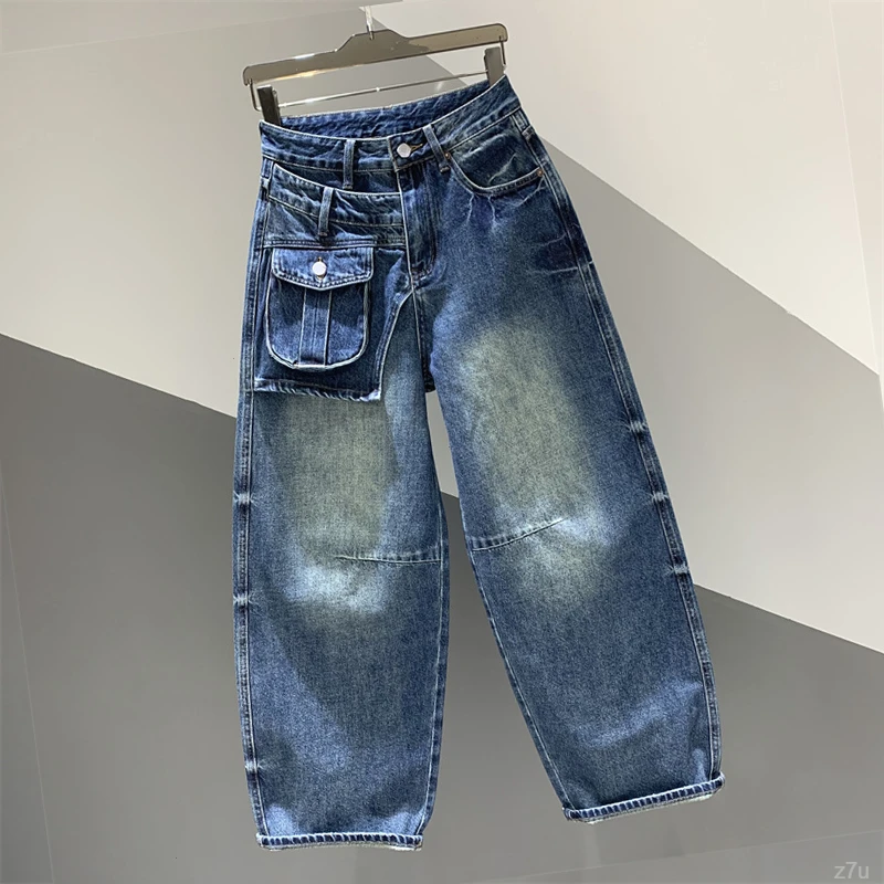 2025年秋季新款个性美式做旧水洗牛仔直筒裤女百搭宽松阔腿拖地裤