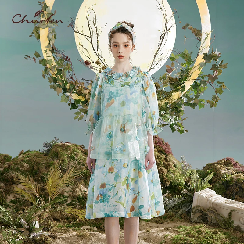 【媛媛专享】朝峰印花花瓣领半袖连衣裙女CFD3A307-3011G