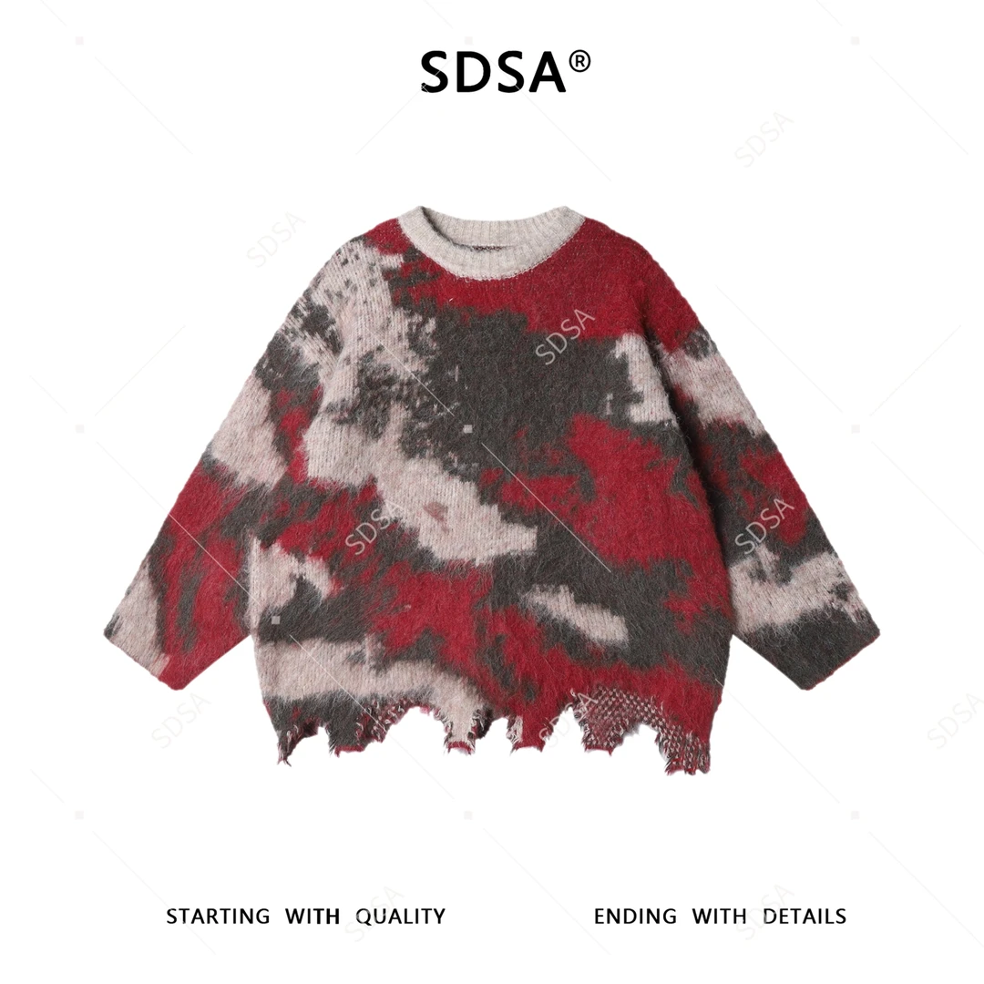 SDSA男士秋冬新款痞帅男装设计感不规则撞色圆领毛衣慵懒风百搭