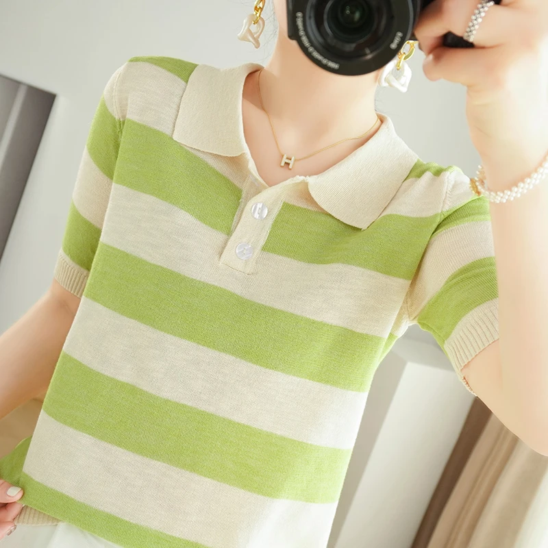 【壹】条纹短袖宽松POLO领条纹T恤黑白修身翻领休闲套头针织