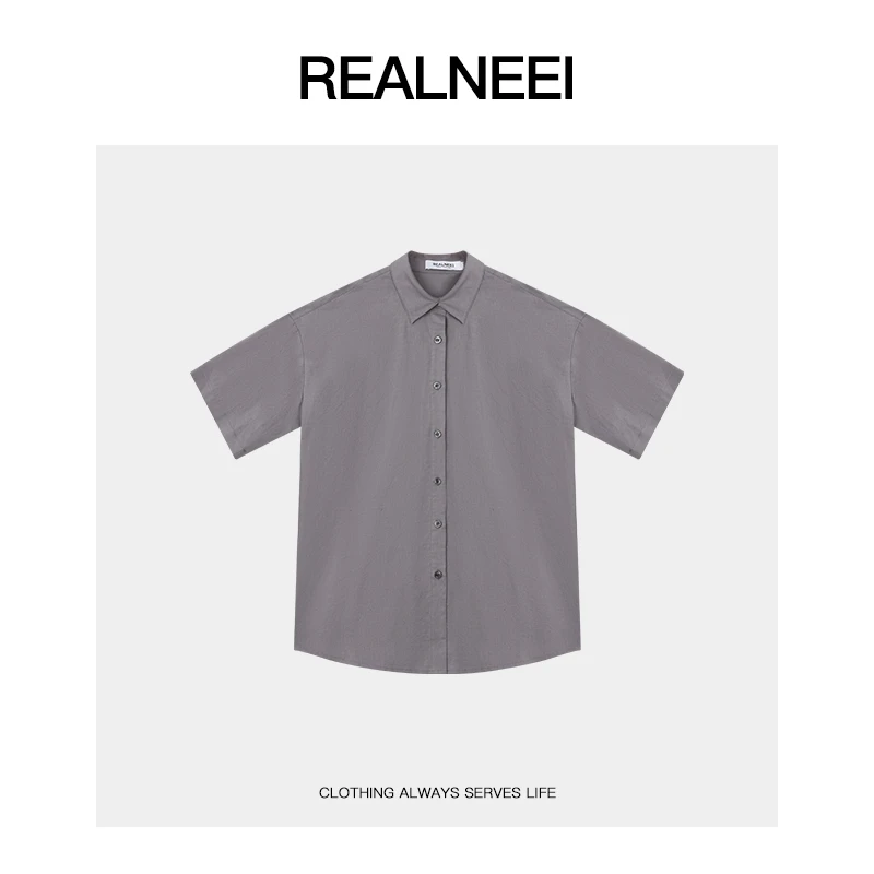 REALNEEI【高智衬衫】休闲棉麻纯色基础短袖POLO领舒适衬衫21712