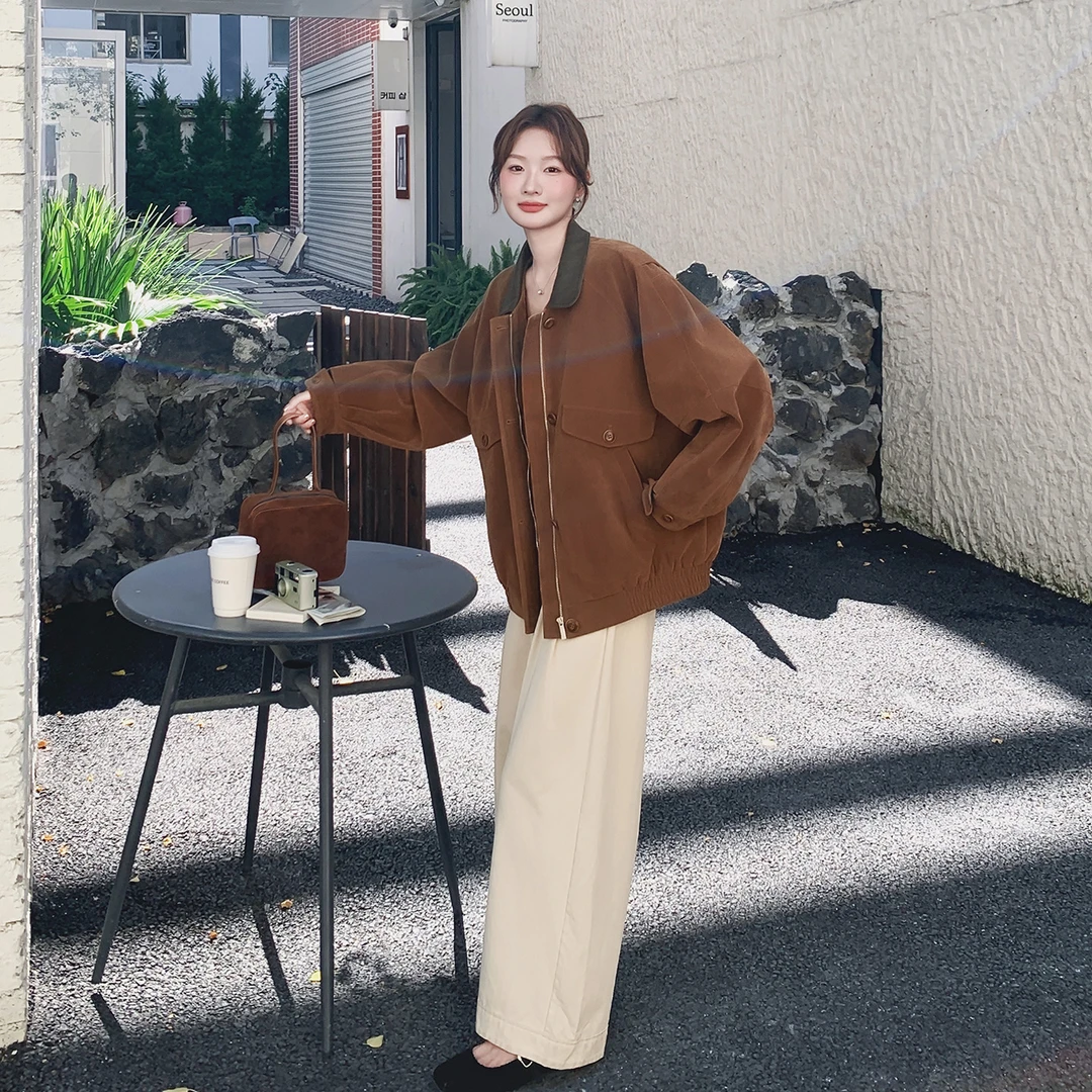 咖色巴恩风麂皮绒外套女秋装2025新款小个子宽松休闲工装夹克上衣