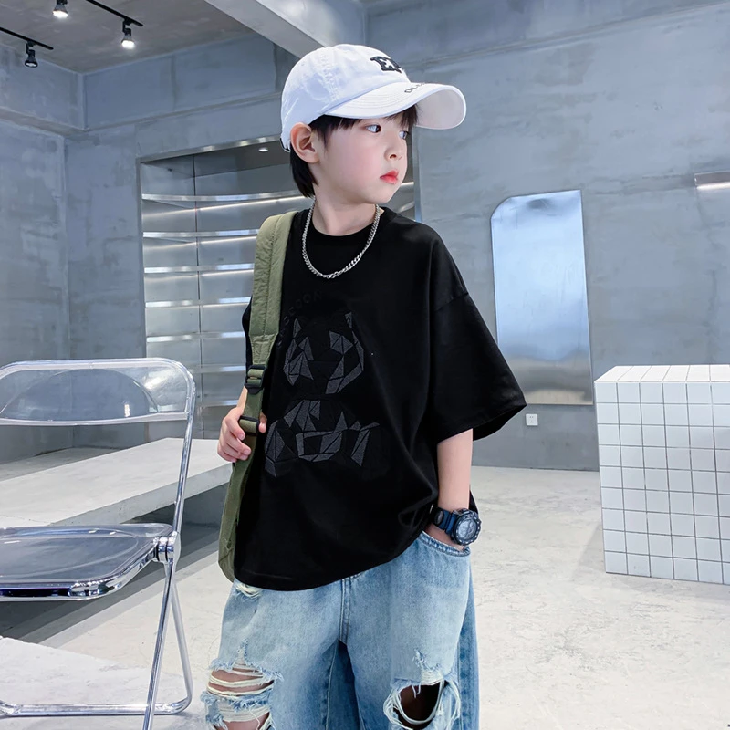 潮牌儿童黑色纯棉短袖T恤夏季2025年新款宽松男童半袖中大童夏装