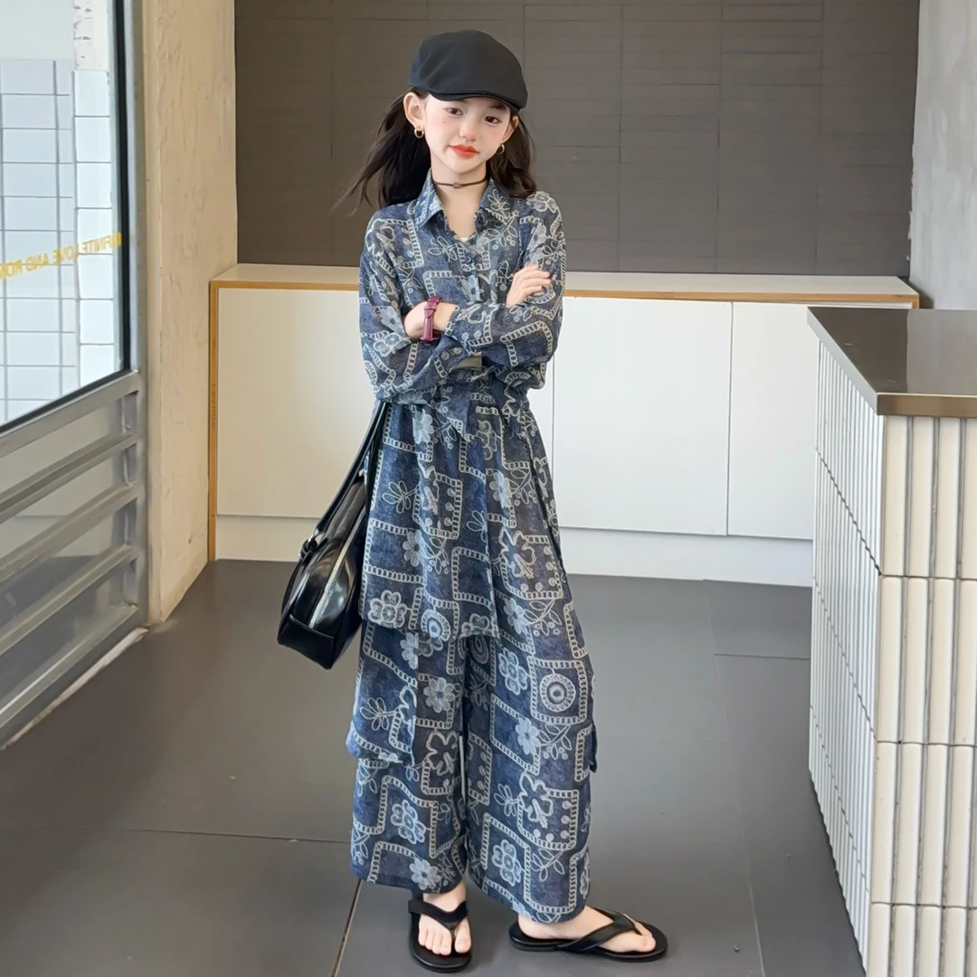 女童夏装防晒衬衫套装2025新款洋气中大儿童阔腿裤两件套民族风潮