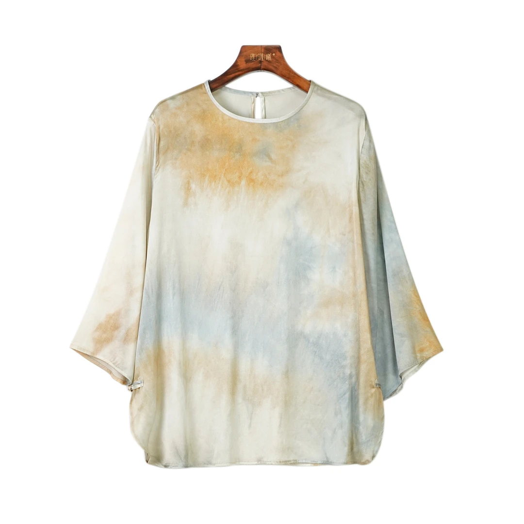 【莲遇曦】夏季薄款桑蚕丝弹力缎短袖温婉慵懒风国风新中式女装上衣