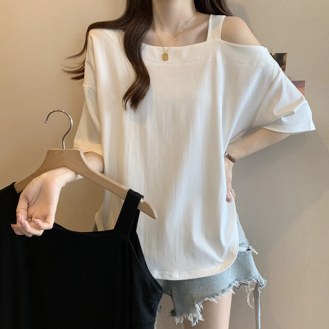 不规则露肩短袖t恤夏季微胖大码遮肚慵懒风上衣设计感宽松打底衫