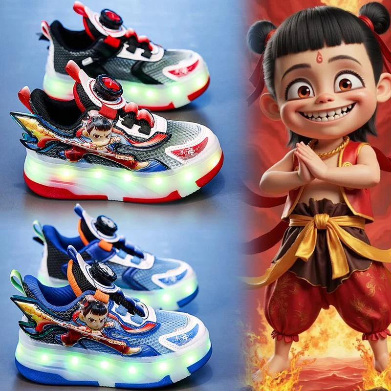 哪吒暴走鞋男童夏季2025新款隐形四轮儿童滑轮溜冰鞋男孩单网灯鞋