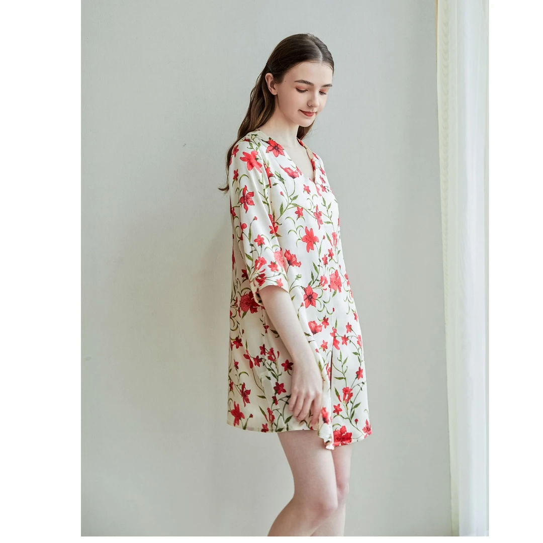 2025夏季新款真丝睡裙 大码宽松印花中裙家居服100桑蚕丝公主裙