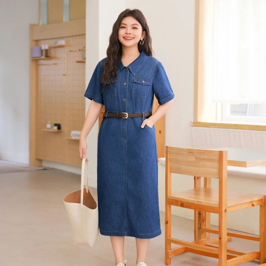 MsShe大码女装夏装复古工装风翻领短袖长款牛仔连衣裙S2507005