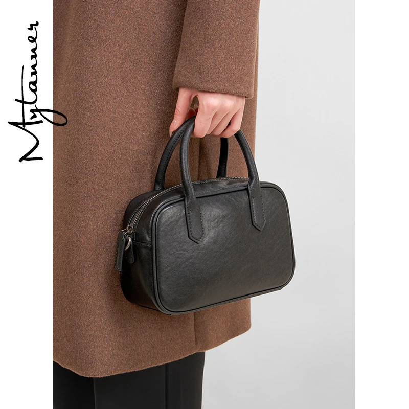 【麦田人】小众高级感复古波士顿保龄球包女黑色通勤手提斜挎枕头包