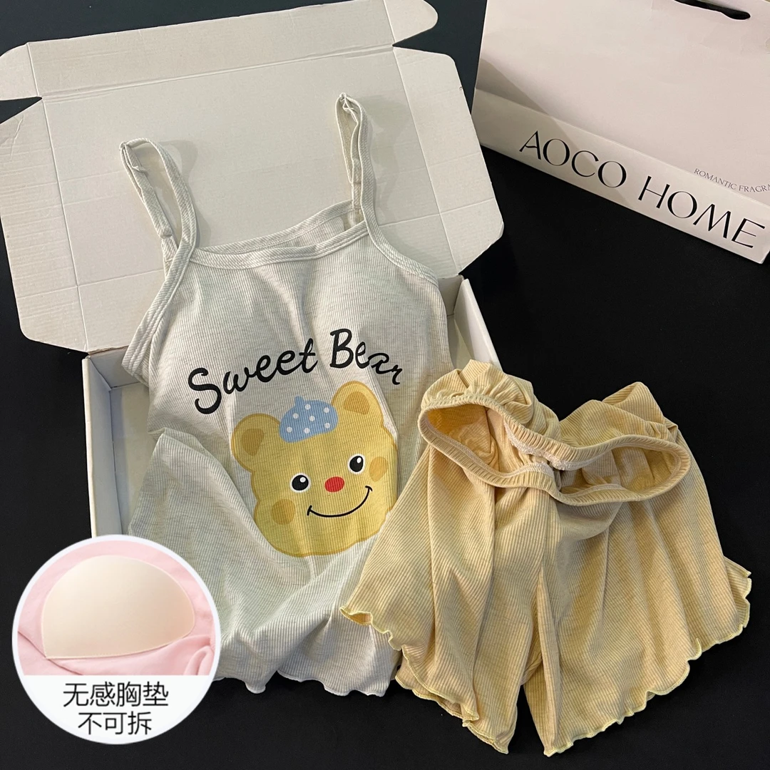 睡衣女夏季吊带凉感带胸垫2025新款小熊头高级感套装家居服