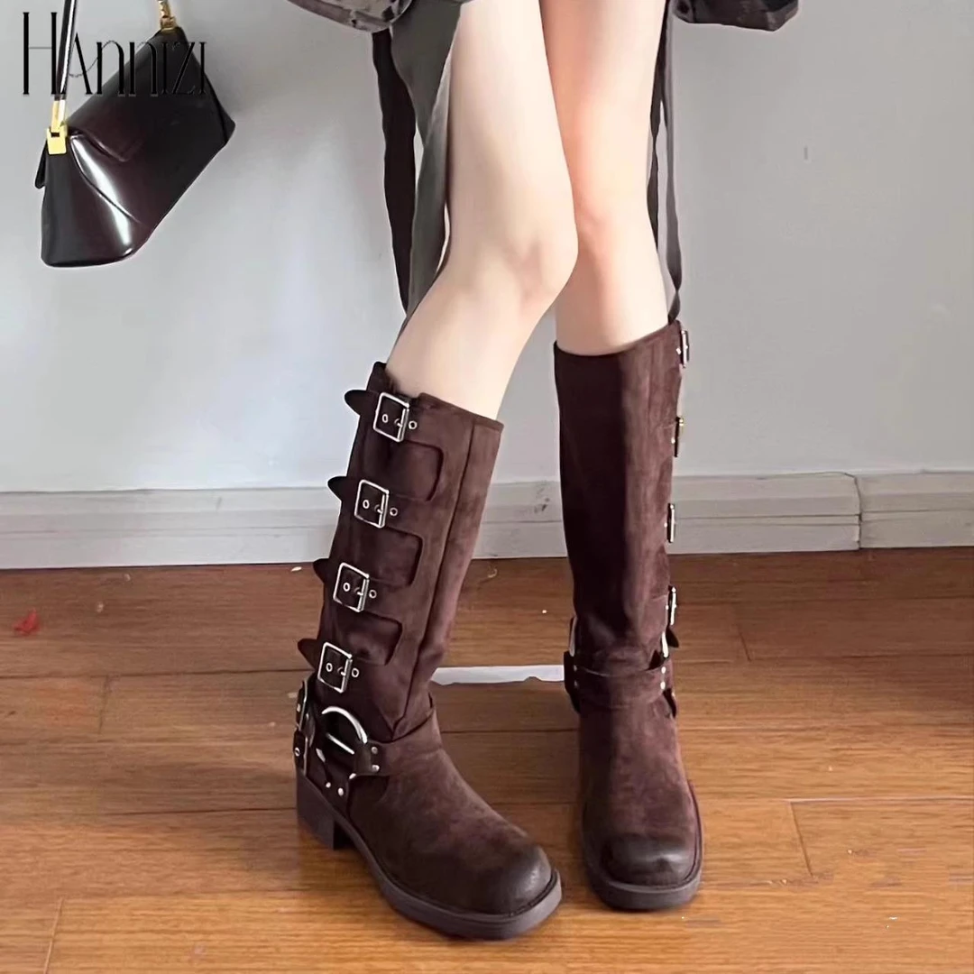 hanniziMiu家高筒骑行靴夏季绒面皮带扣西部牛仔靴覆古长筒靴女