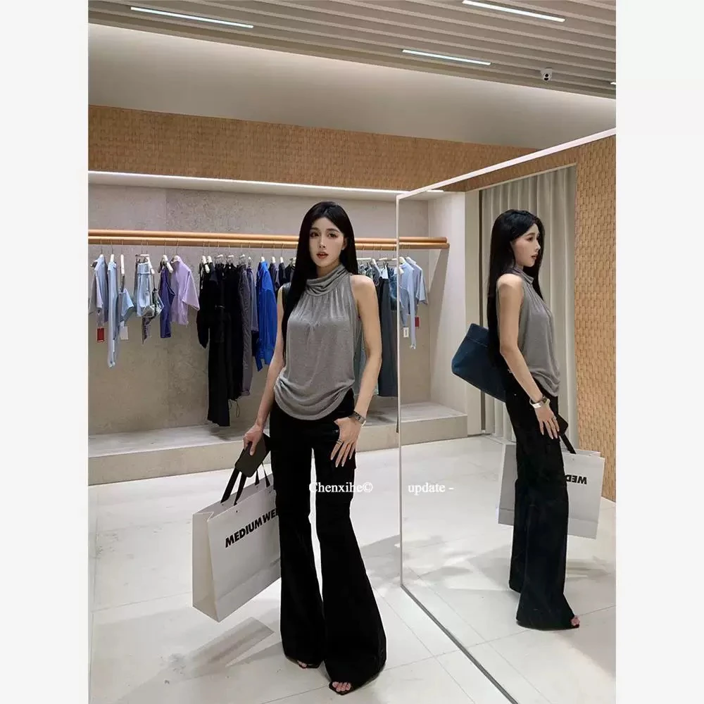 【超显瘦】口袋装饰微喇工装裤女夏季两色宽松显瘦裤子