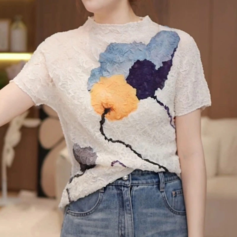 韩版褶皱设计感印花上衣女2025夏季新款圆领显瘦百搭时髦短袖T恤