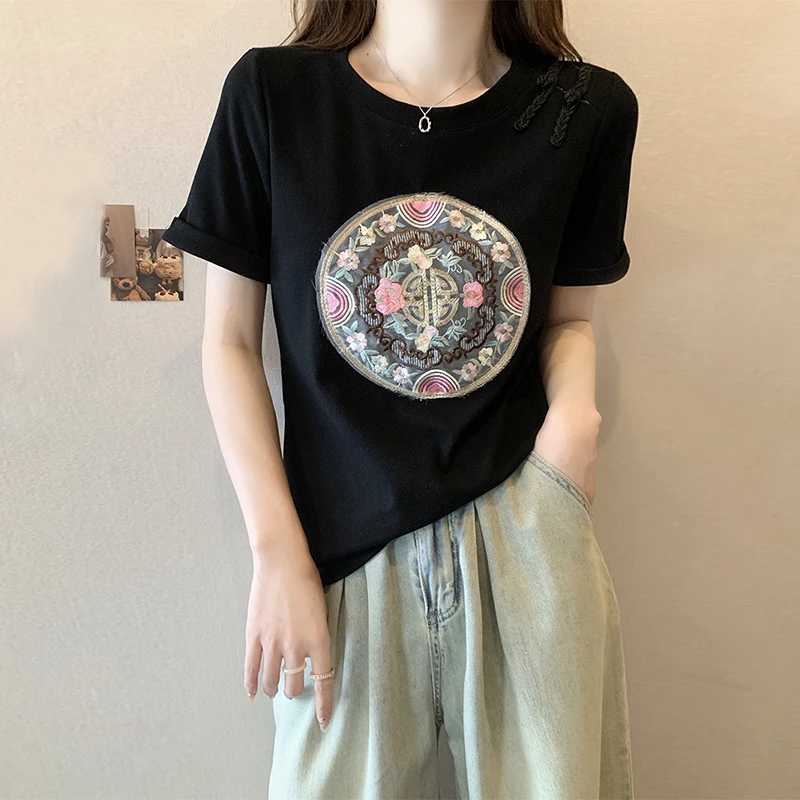 大码胖妹妹新中式国风盘扣短袖T恤休闲刺绣上衣民族风半袖打底衫