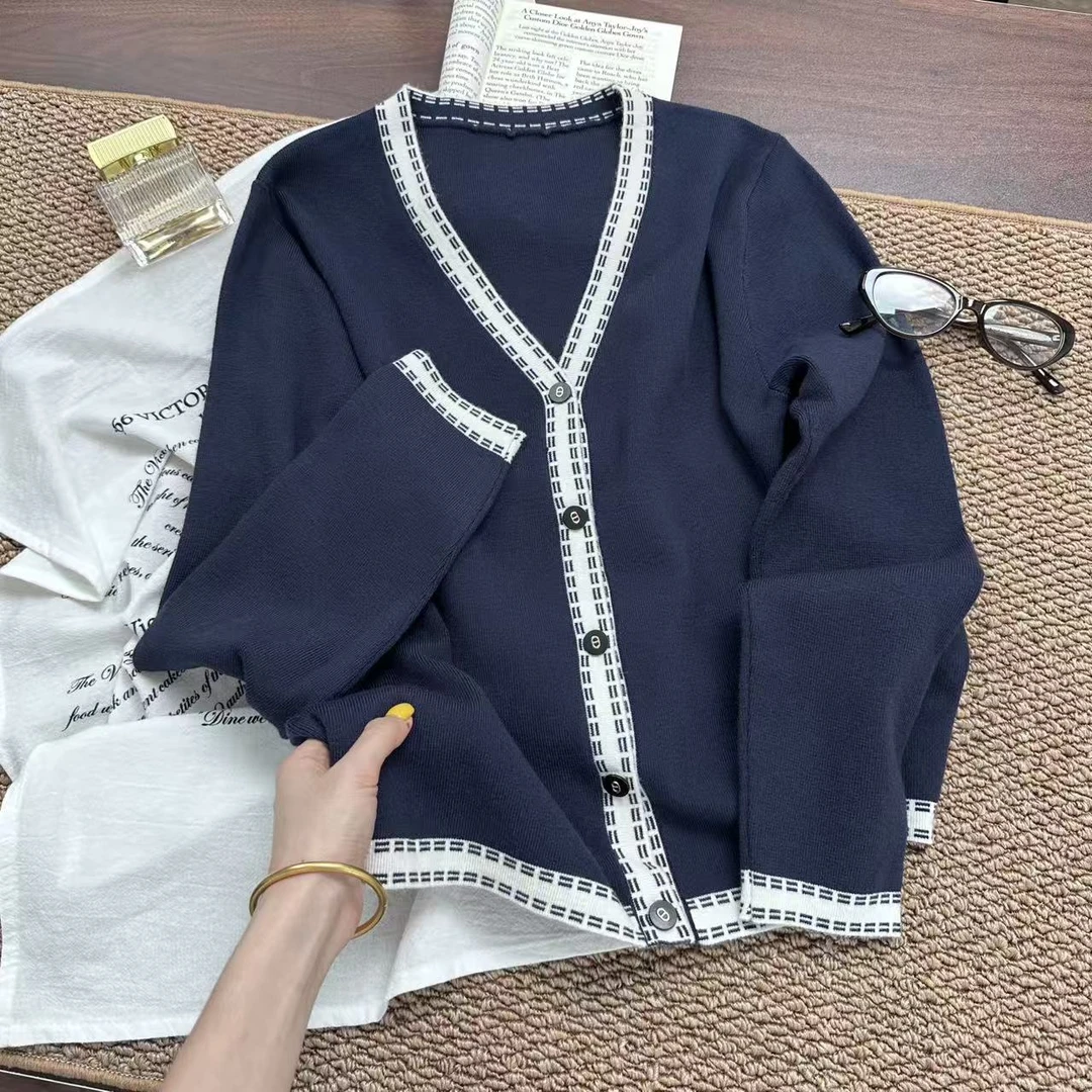 港风V领开衫~早秋撞色拼接设计感复古针织衫Y8065藏青