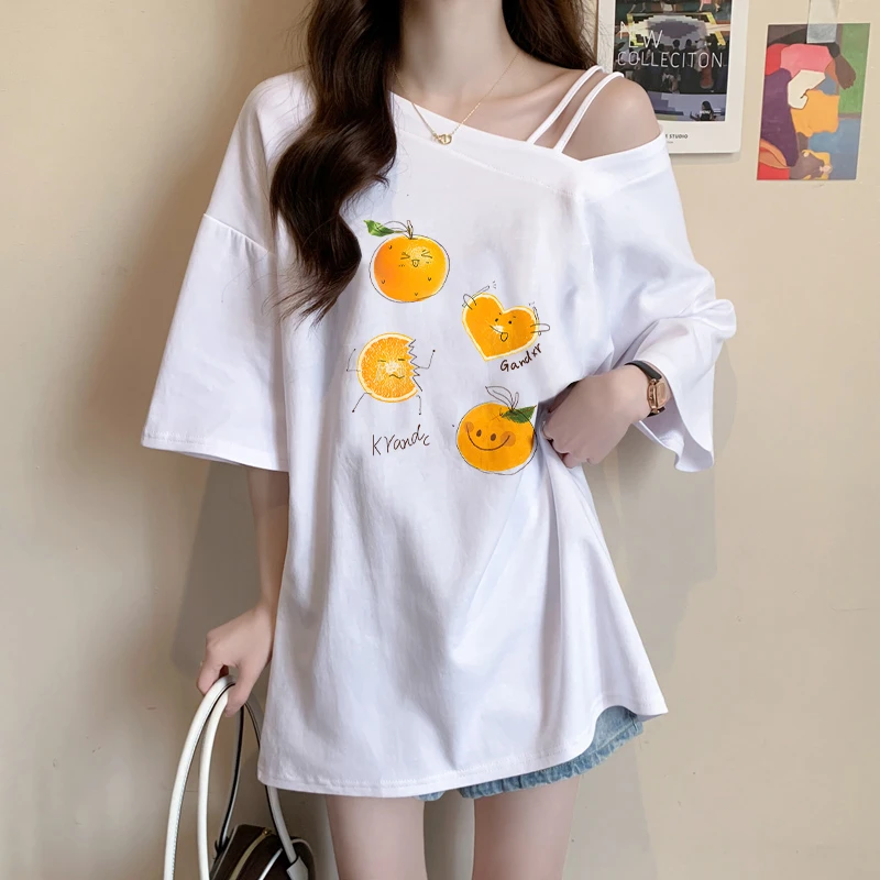 设计感小众斜肩短袖T恤女2025夏季爆款韩版宽松大码显瘦纯棉上衣