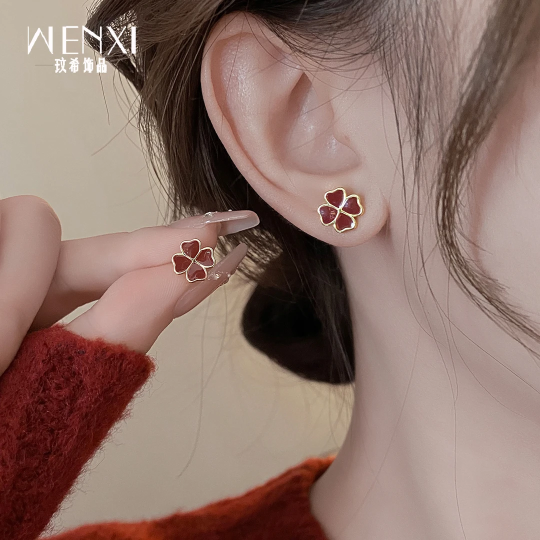 铜合金珐琅耳饰 925纯银耳针红色四叶草耳钉耳环2025新款爆款高级