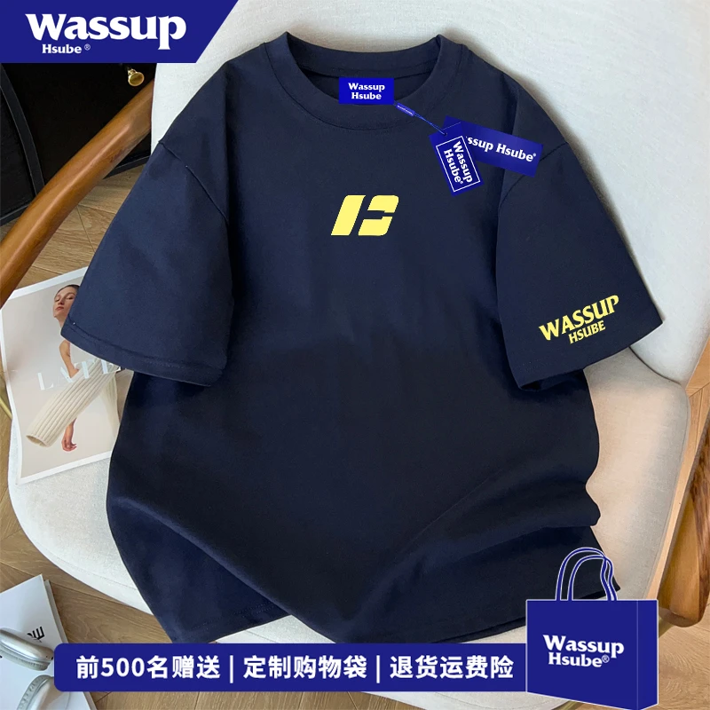 WASSUP HSUBE藏青色纯棉短袖T恤男美式街头风潮牌ins宽松半袖上衣