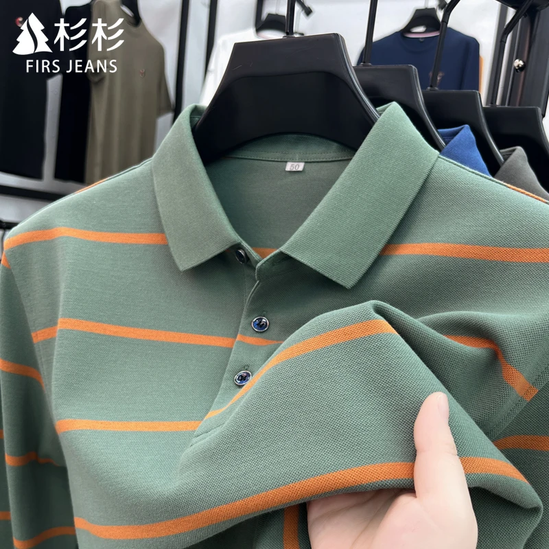 FIRS JEANS杉杉男士polo衫秋季商务宽松条纹长袖t恤休闲上衣服男
