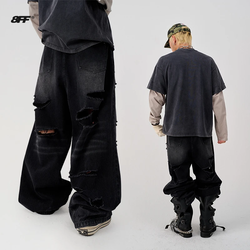 8FF大不相同/25SS 美式街头重工水洗刀割破洞cleanfit显瘦直筒