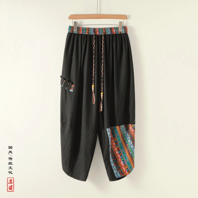 民族风花裤子男亚麻七分裤夏季薄款中国风运动裤大码宽松灯笼短裤