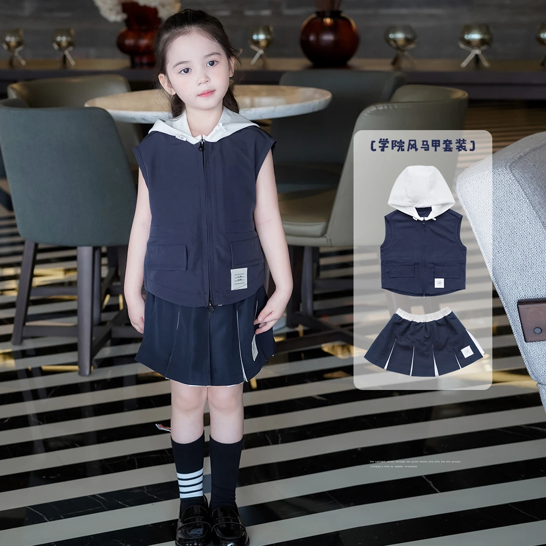 AnnieGirl夏季新款tb女童学院风休闲马甲百褶裙套装2025休闲夏款