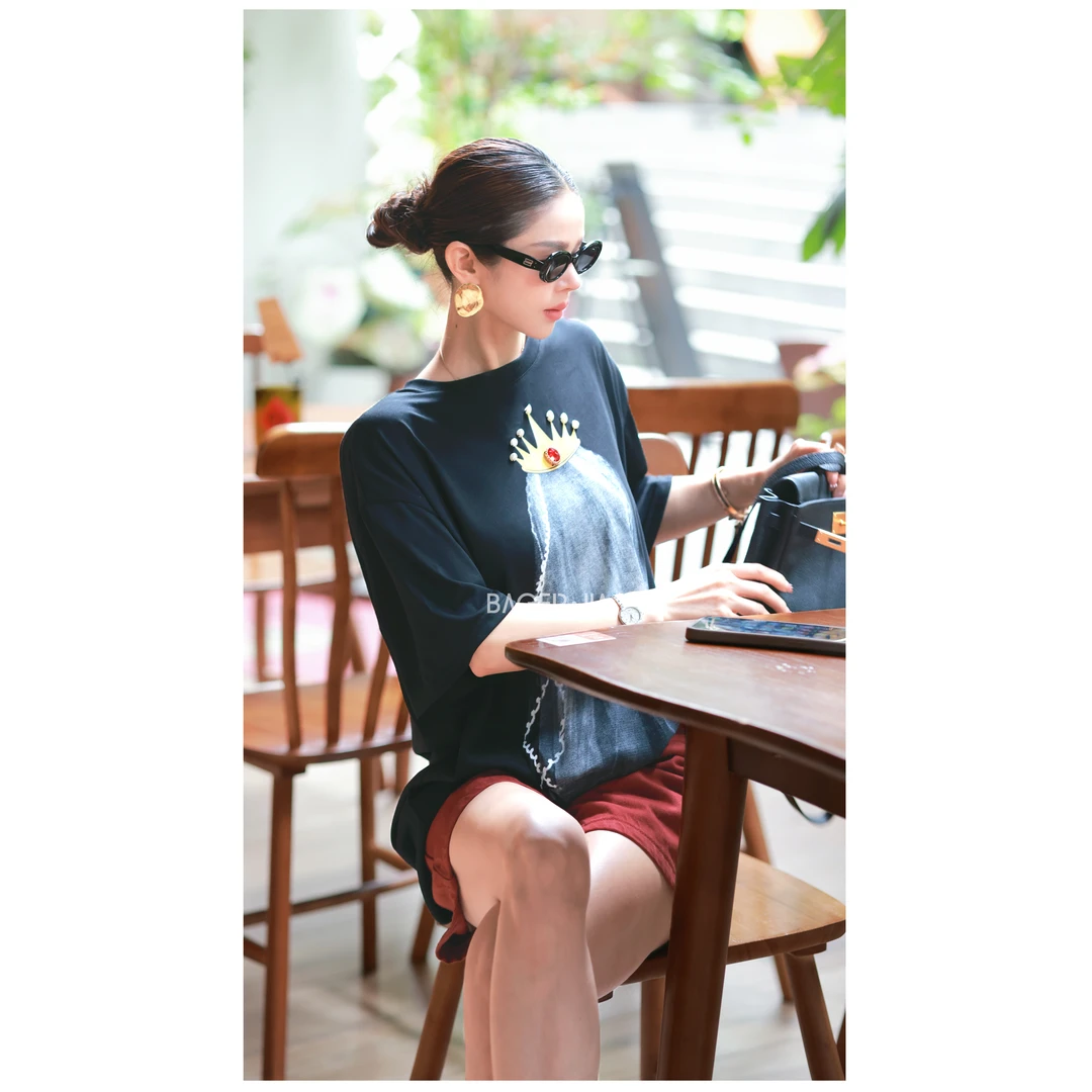 1-【女王~T】宝儿家含幂BL109625205NS夏季宽松皇冠头纱印花上衣