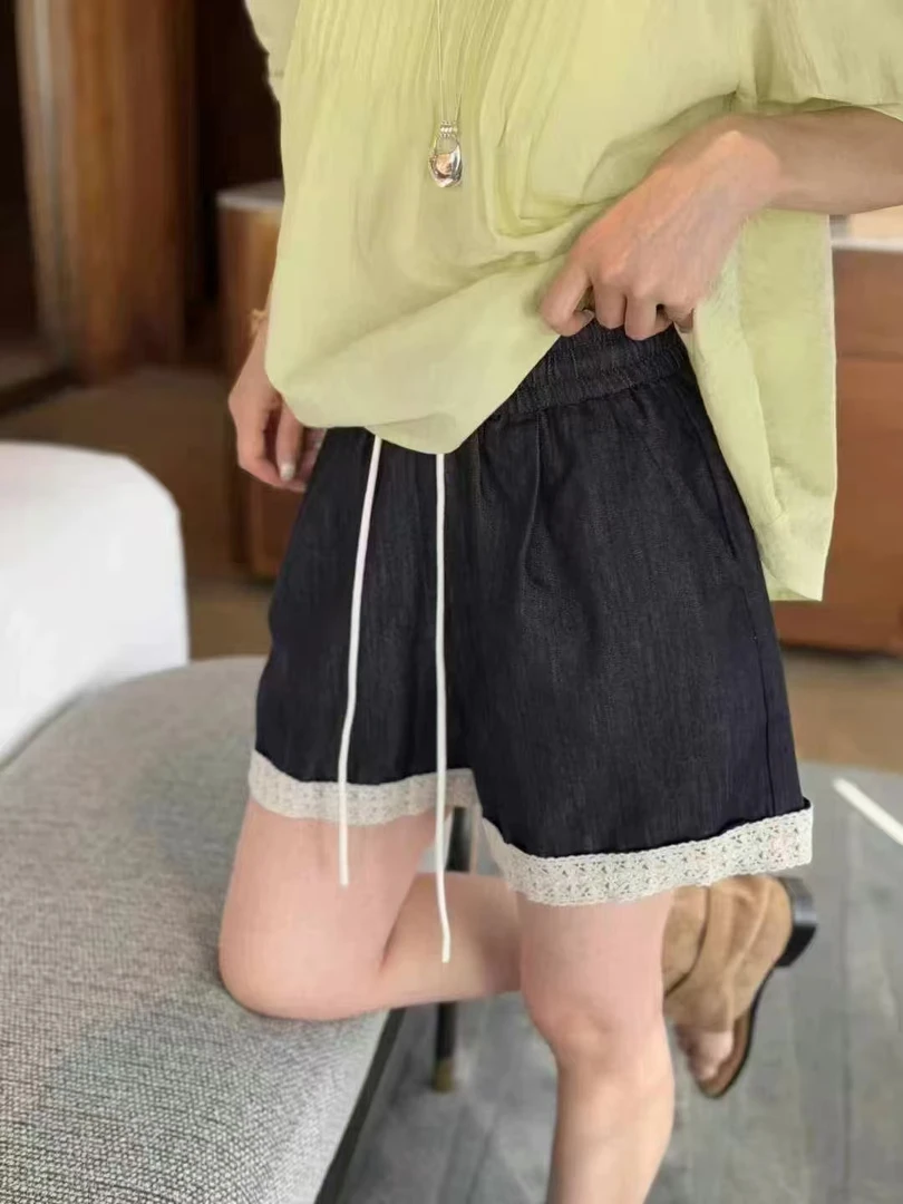 【钰姐精选】依水8506-拼接蕾丝边牛仔短裤时尚百搭阔腿宽松抽绳