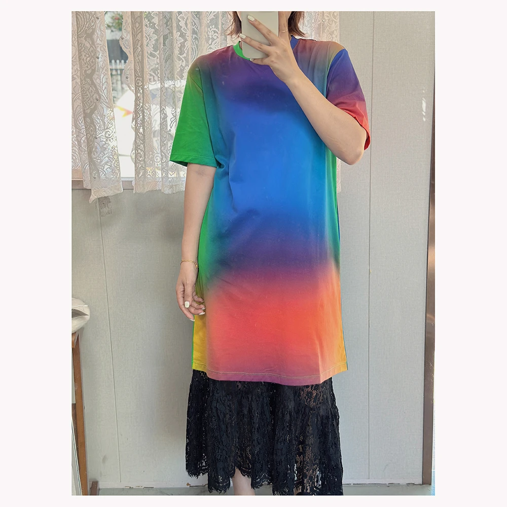 ZM1590 夏季新款宽松中长款花色圆领短袖连衣裙女