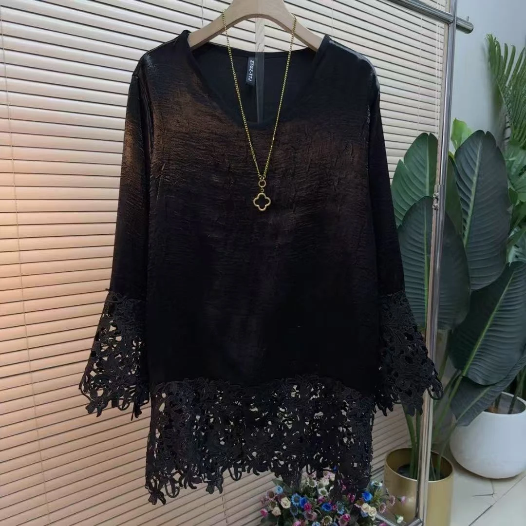 胖mm欧货s时尚气质显瘦韩版拼接9220百搭长袖宽松黑色女人衫上衣