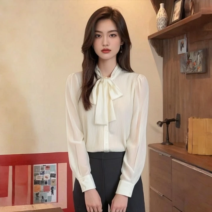 【九天】剪标莱赛尔温婉知性拼飘带皱感直筒上衣女007品牌折扣25秋