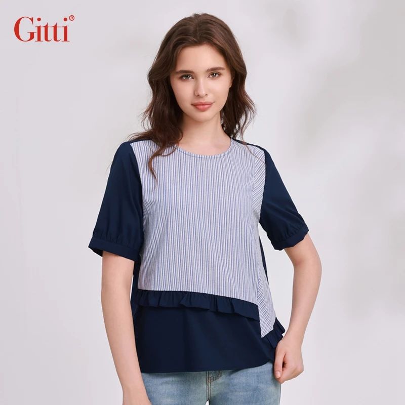 Gitti/吉蒂条纹印花花边拼接短袖女宽松大码圆领T恤G251612