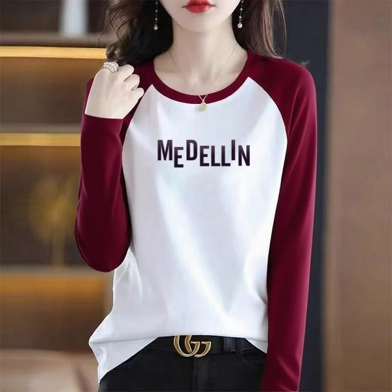 纯棉长袖t恤女士宽松显瘦秋季新款大码休闲减龄上衣胖mm时尚体恤