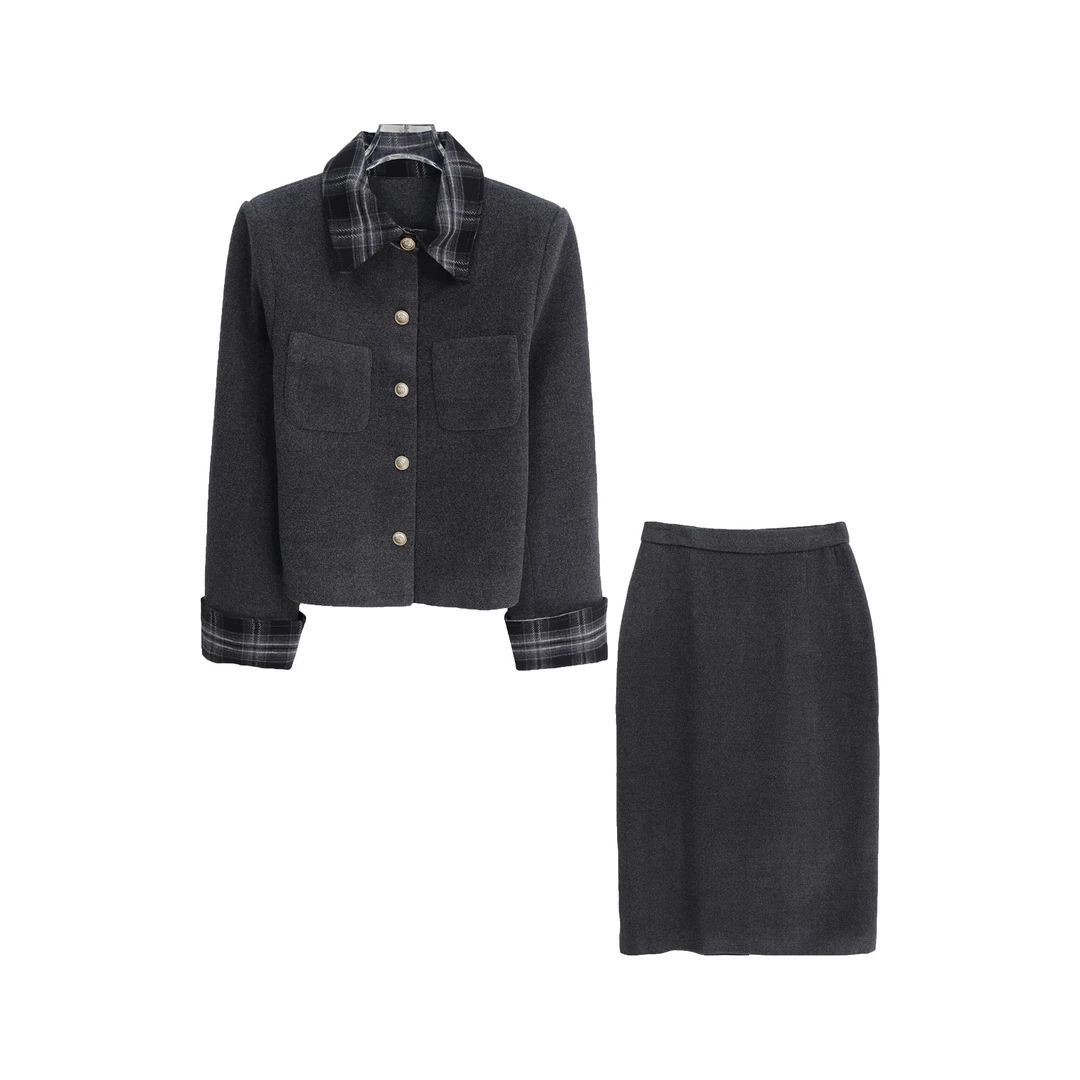 翻领格纹简约单排扣短上衣高腰半身裙S5086