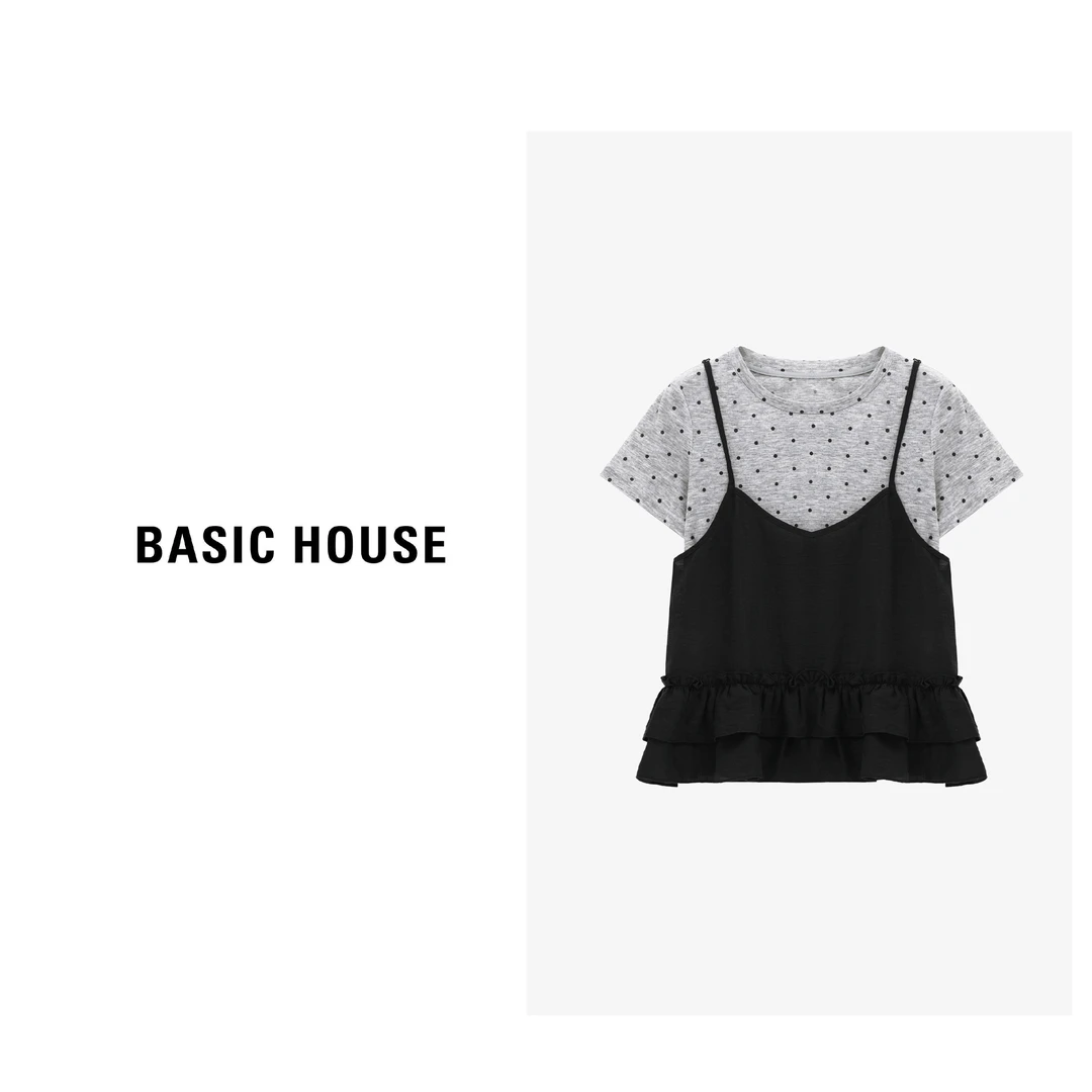 Basic House/百家好法式纯欲慵懒风女装波点气质T恤-B0625B5O732
