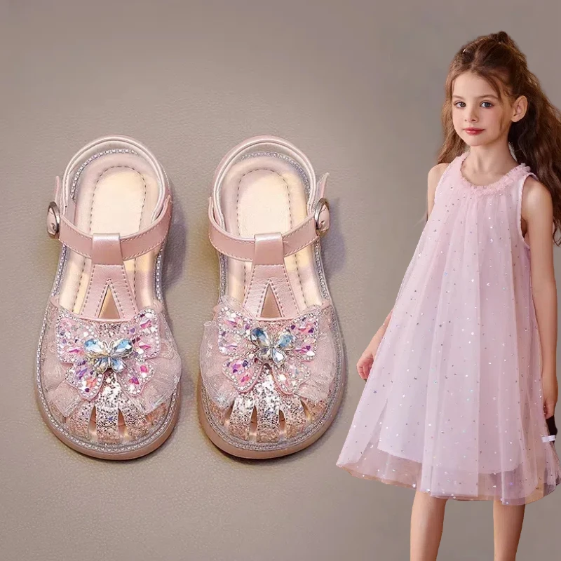 【正品ABC】儿童凉鞋2025新款夏季小女孩软底水晶蝴蝶包头公主鞋
