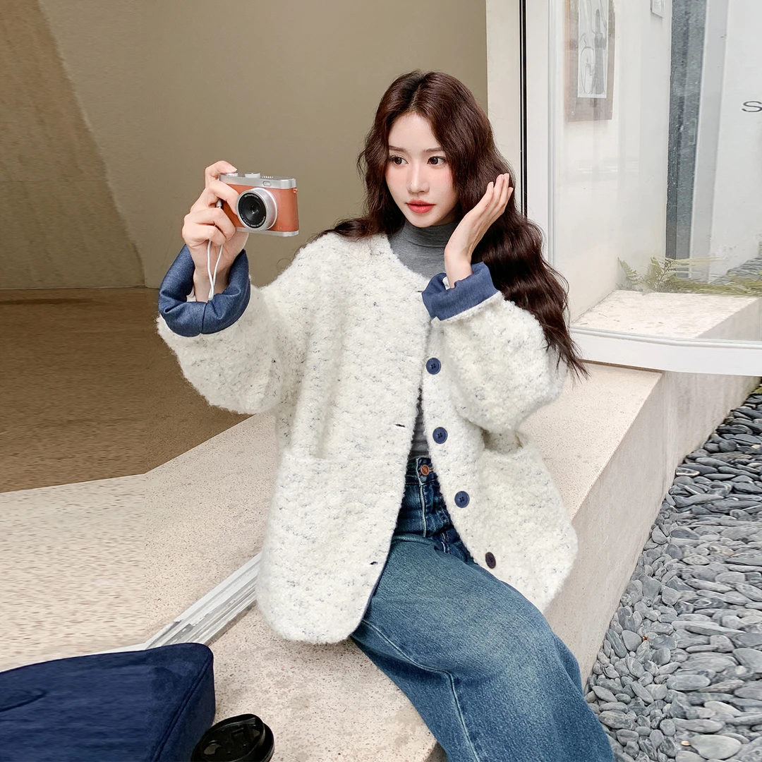 小香风撞色拼接毛呢外套女2025入冬千金感高级感小个子气质呢大衣