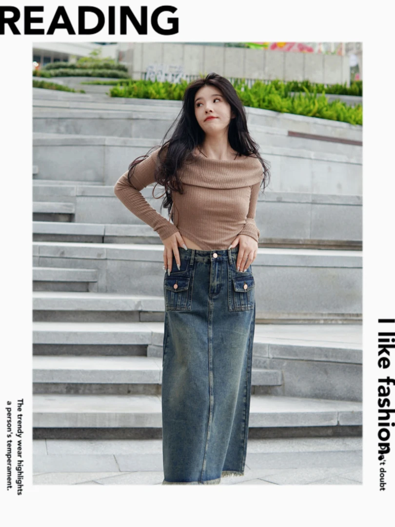 新款复古气质修身牛仔裙高级感半身裙百搭工装口袋显瘦半身裙#926