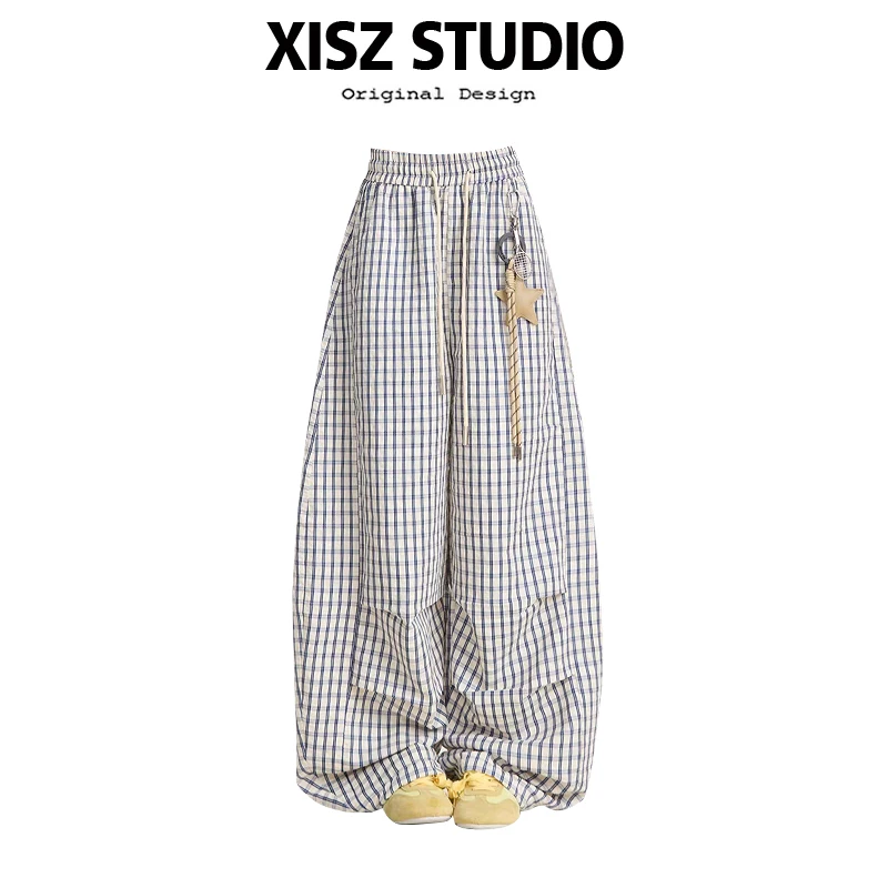 小众设计感星星挂饰裤子夏季蓝色格子直筒裤女垂感慵懒休闲阔腿裤