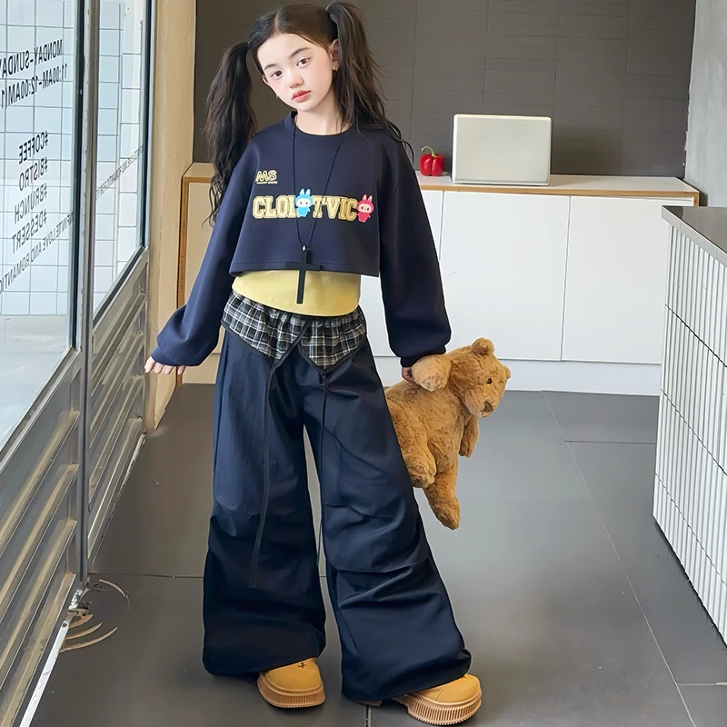 女童秋季新款时尚潮酷背心三件套2025女大童洋气宽松套装女孩时尚