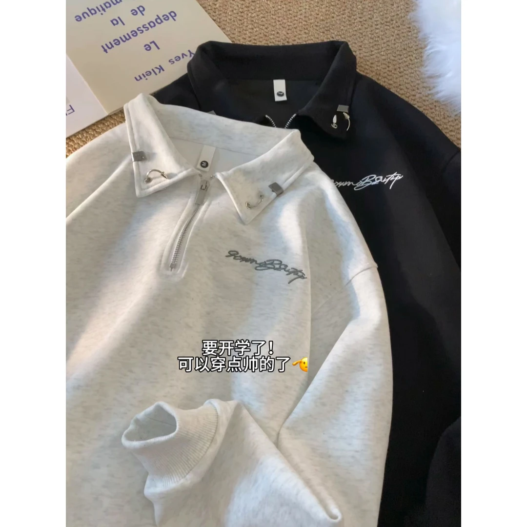 【早秋穿搭】美式刺绣polo衫卫衣秋季新款宽松高街休闲穿搭外套