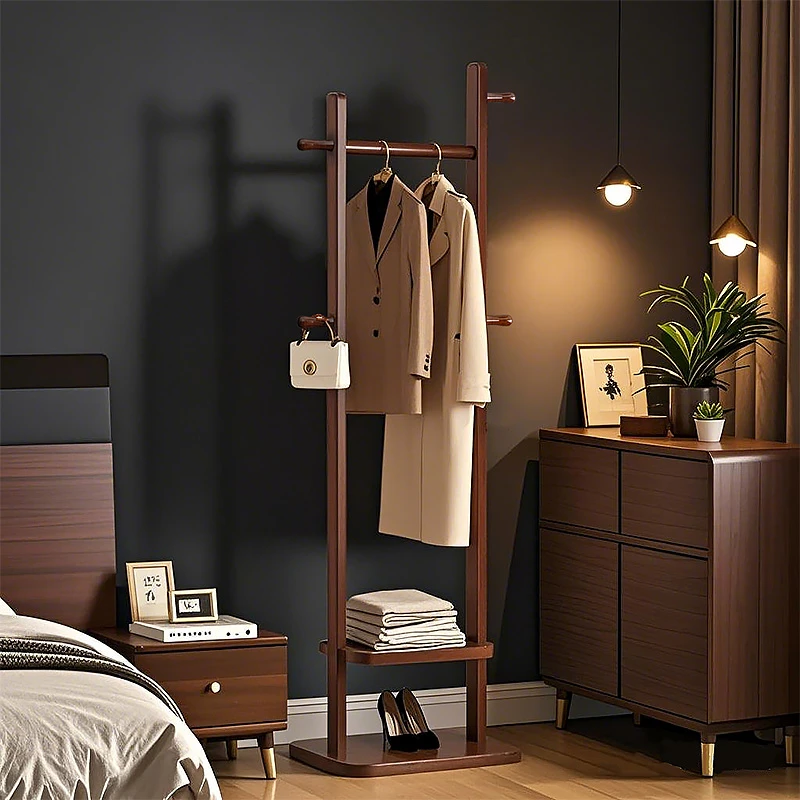 实木衣帽架家用卧室落地挂衣服架子高级感轻奢床边挂衣架置物收纳