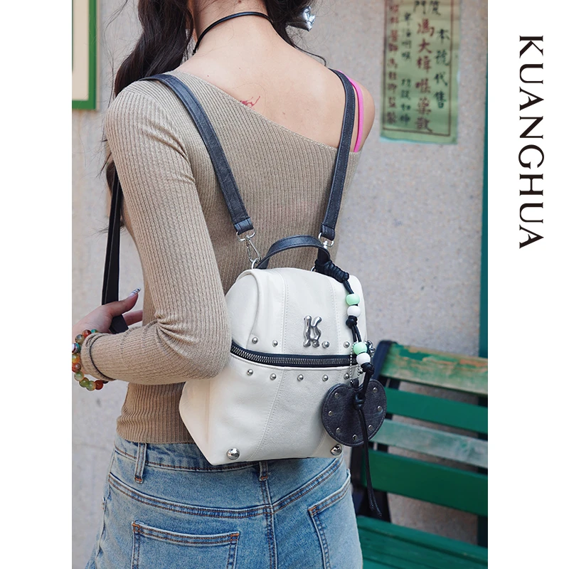 哐花2025春夏新品拼接设计双肩斜挎两用包手提包甜酷女孩迷你背包