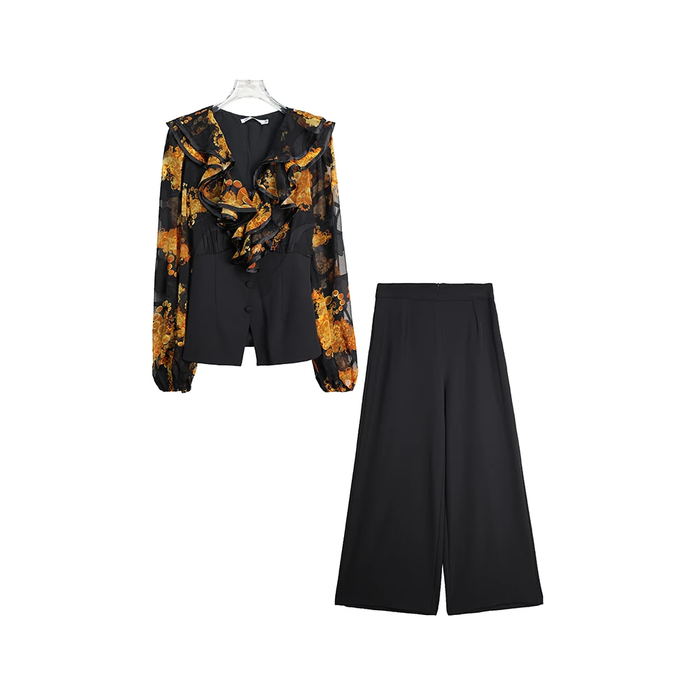 X2647【新款】印花拼接时尚轻奢桑蚕丝衬衫两件休闲套装