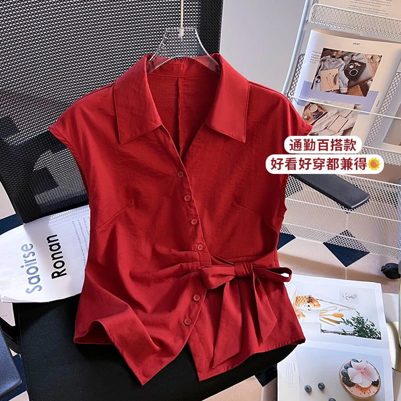 2025年夏季新款女装T恤收腰洋气短袖寸衫时尚法式绑带不规则8812
