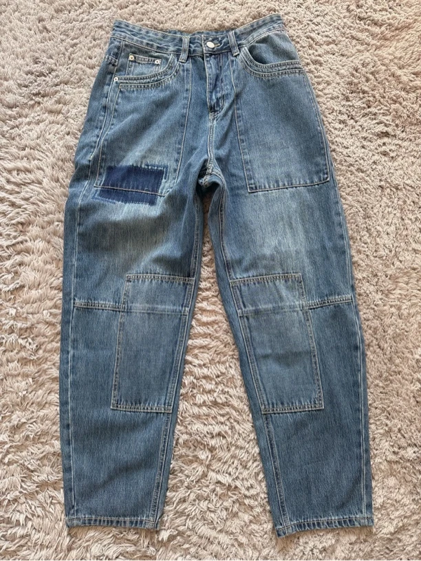 水洗牛仔长裤撞色拼接工装弯刀时尚百搭宽松阔腿1005