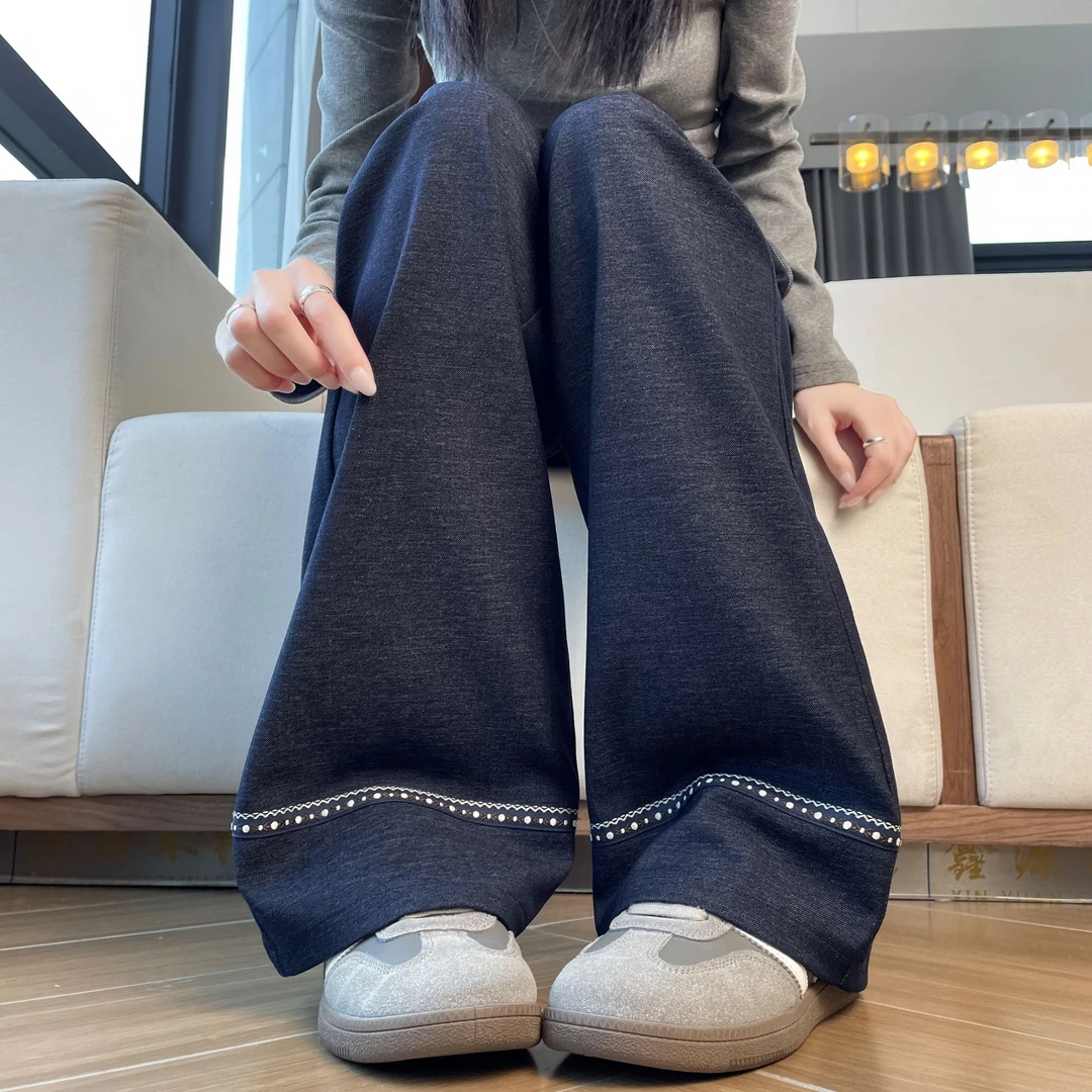 牛仔阔腿裤女春秋季高腰宽松显瘦休闲裤子蕾丝花边垂感窄版直筒裤