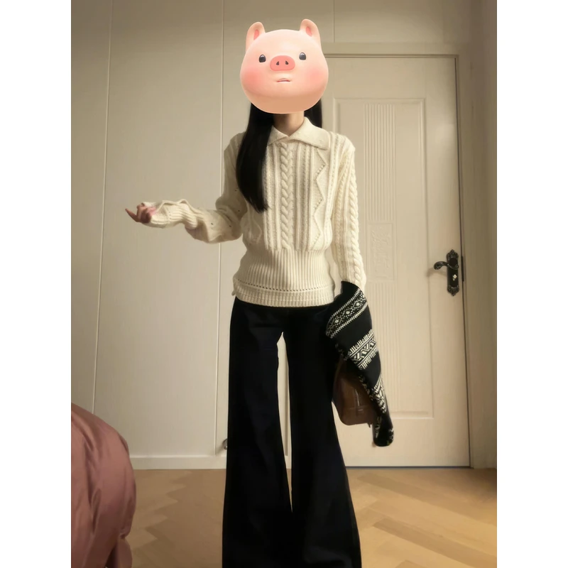 白色翻领绞花毛衣女秋冬新款设计感内搭套头打底衫加厚针织衫上衣